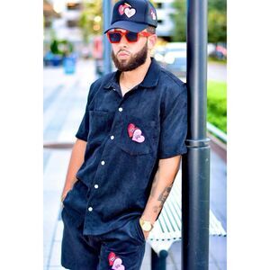 Dos Corazonez Mens Large Gray Corduroy Streetwear Embroidered Button Down Shirt